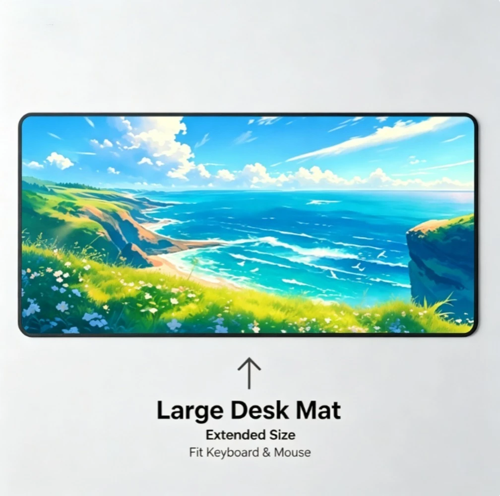 Anime Ocean Cliff Large Desk Mat, Blue Sky Seaside Scenery Gaming Mouse Pad, Non-Slip Rubber Keyboard Table Mat for Office Game