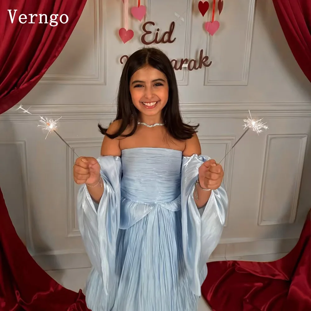 

Verngo Blue Shiny Satin Mini Girl Birthday Party Dress Boat Neck Kid Prom Dress Child Ceremony Girl Dress Customized