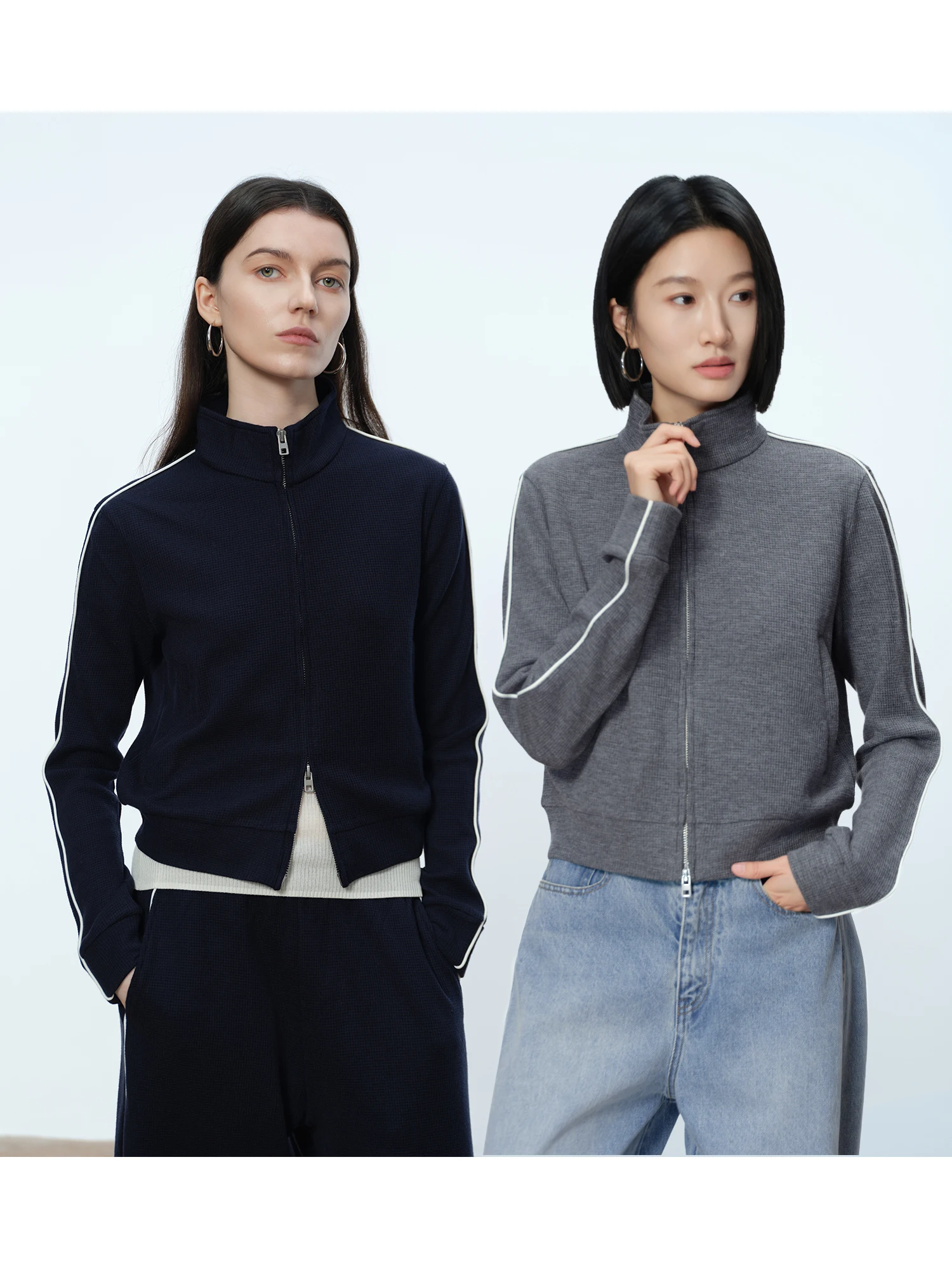 

Soft Acetate Wool Early Spring Women's Casual Spor Stand Collar Open Cardigan Jaet Set Skin-friendly Long Sve Zipper