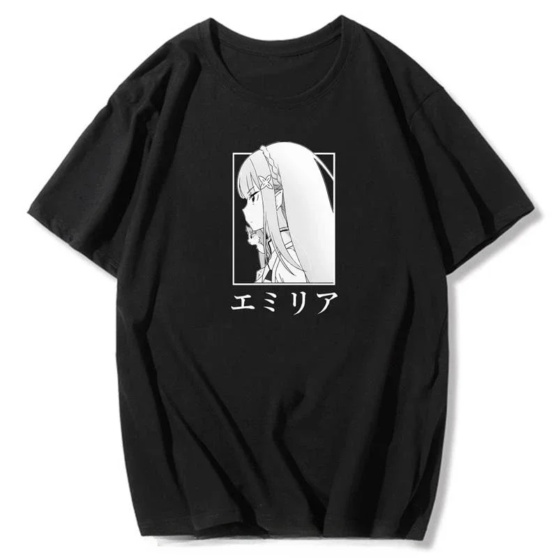 Men Kawaii Clothes summer Cotton T-shirt Summer Vintage Anime Aesthetic Streetwear Tops Re:ZERO Emilia Print Oversized T Shirts