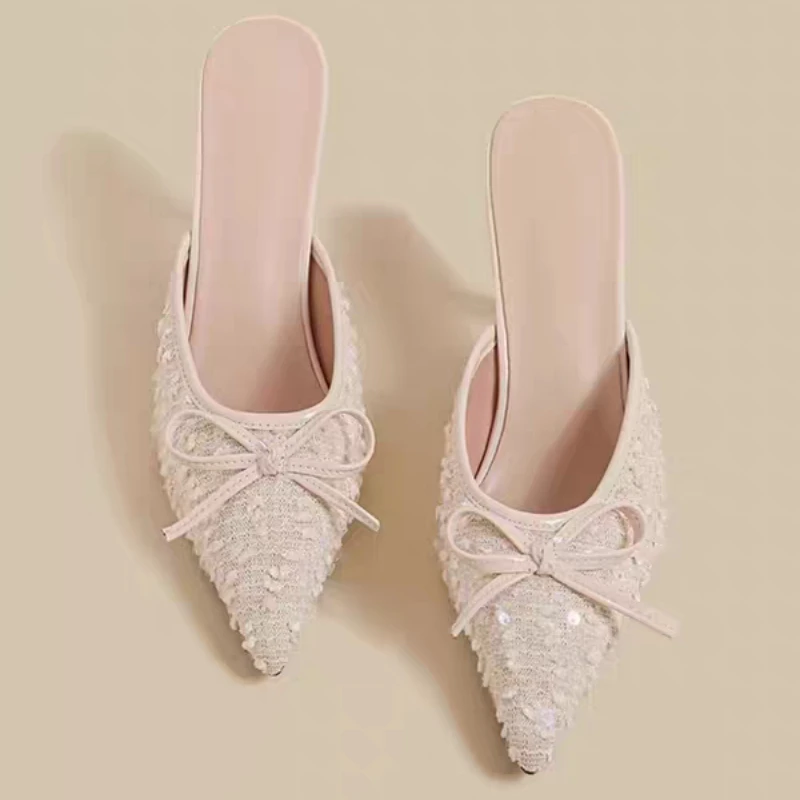 

New Summer Luxury Sequin Designer Women's High Heels Sexy Pointed Toe Slingback Mules Elegant Slip-on Party Dress Low-top Shoes