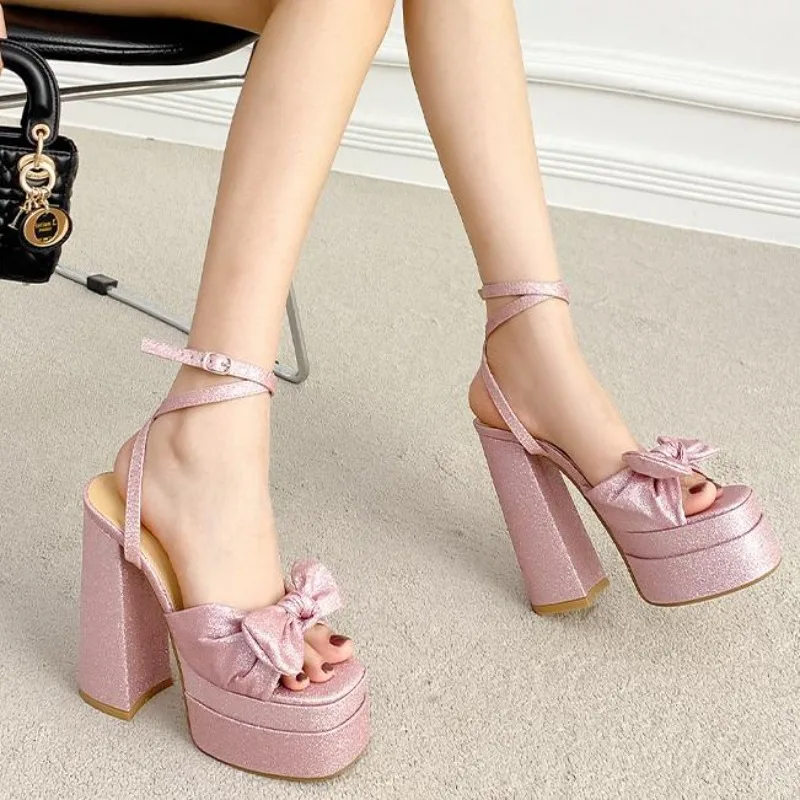

Модные женские босоножки на высоком каблуке на платформе, летние сандалии с блестящим бантом и ремешком на щиколотке, женская обувь для банкета и вечеринки, Zapatillas De Mujer