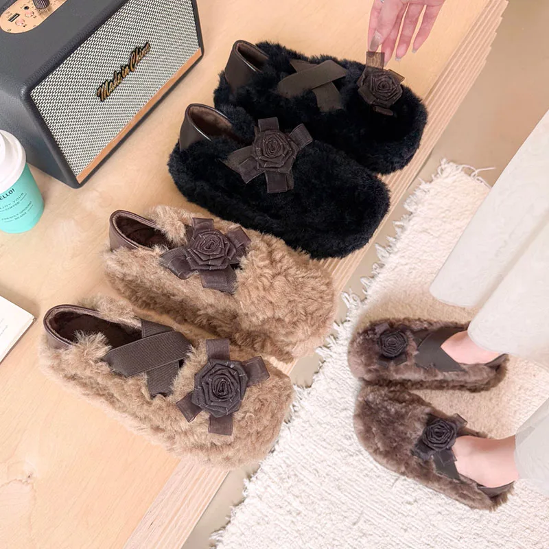 زهرة النساء الفراء أحذية الشقق أحذية خفيفة بدون كعب أحذية رياضية شتاء دافئ قصيرة أفخم الأحذية 2025 أحذية رياضية غير رسمية الراحة Zapatos