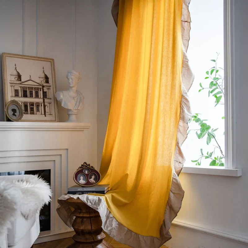 Cotton Linen French Style Vintage Lotus Leaf Ruffles Window Curtain Blackout Drape Luxury Living Room Home Decoretion Bedroom