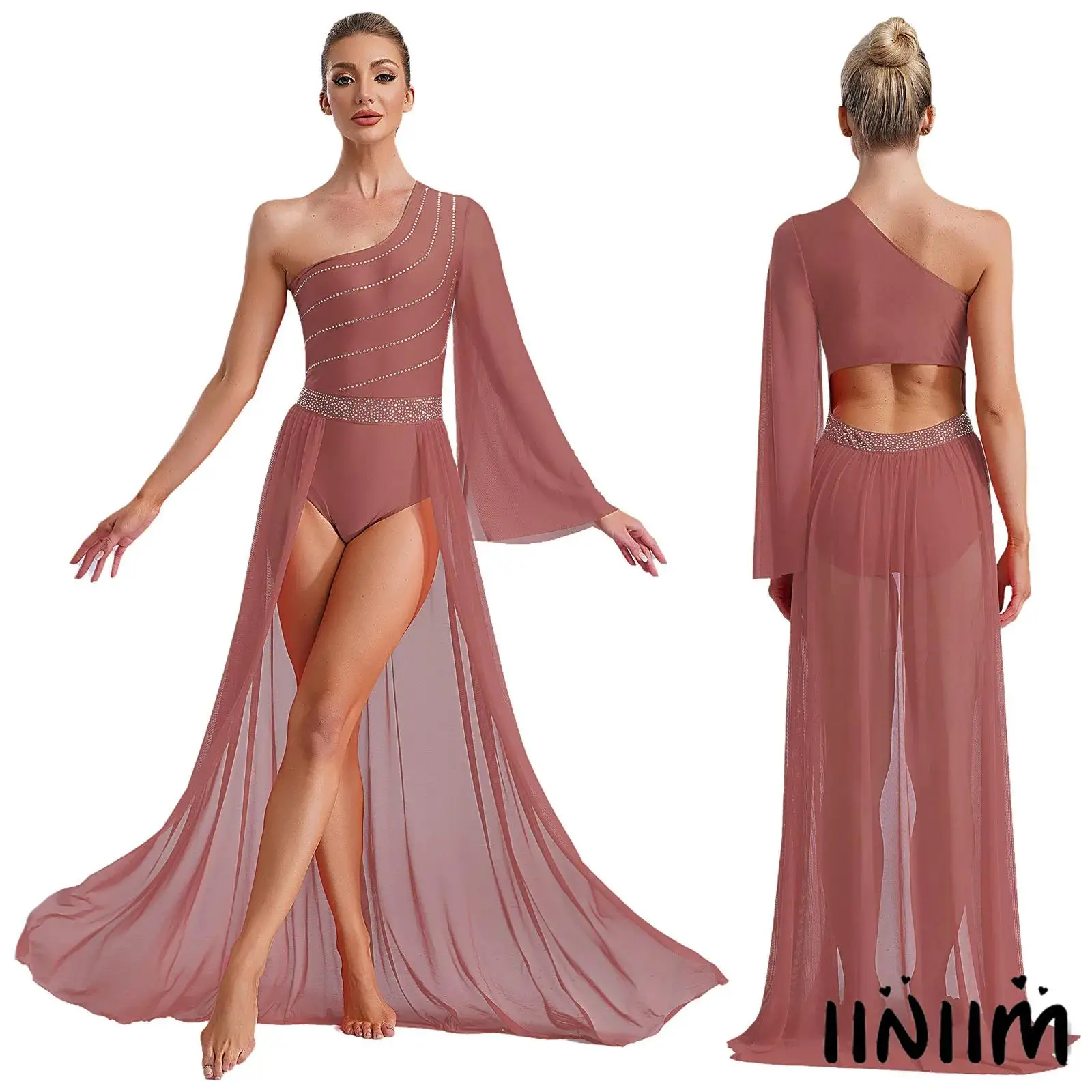 

Женское струящееся платье на одно плечо с блестящими стразами, лирический современный костюм для бальных танцев, танцевальная одежда для вальса