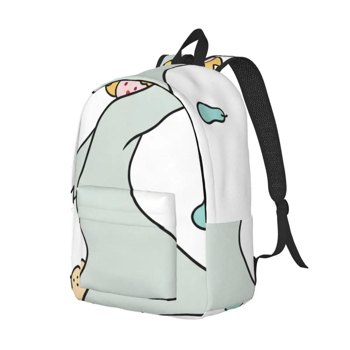 Manga Aesthetic Backpack Center Juggling Character Whimsical Line Drawing White Green Multi Comic Bookbag for Teens College Kids