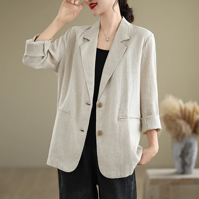 Chaqueta de traje de lino Retro para mujer, ropa de abrigo informal de Color sólido, cárdigan abierto, Top versátil de estilo...
