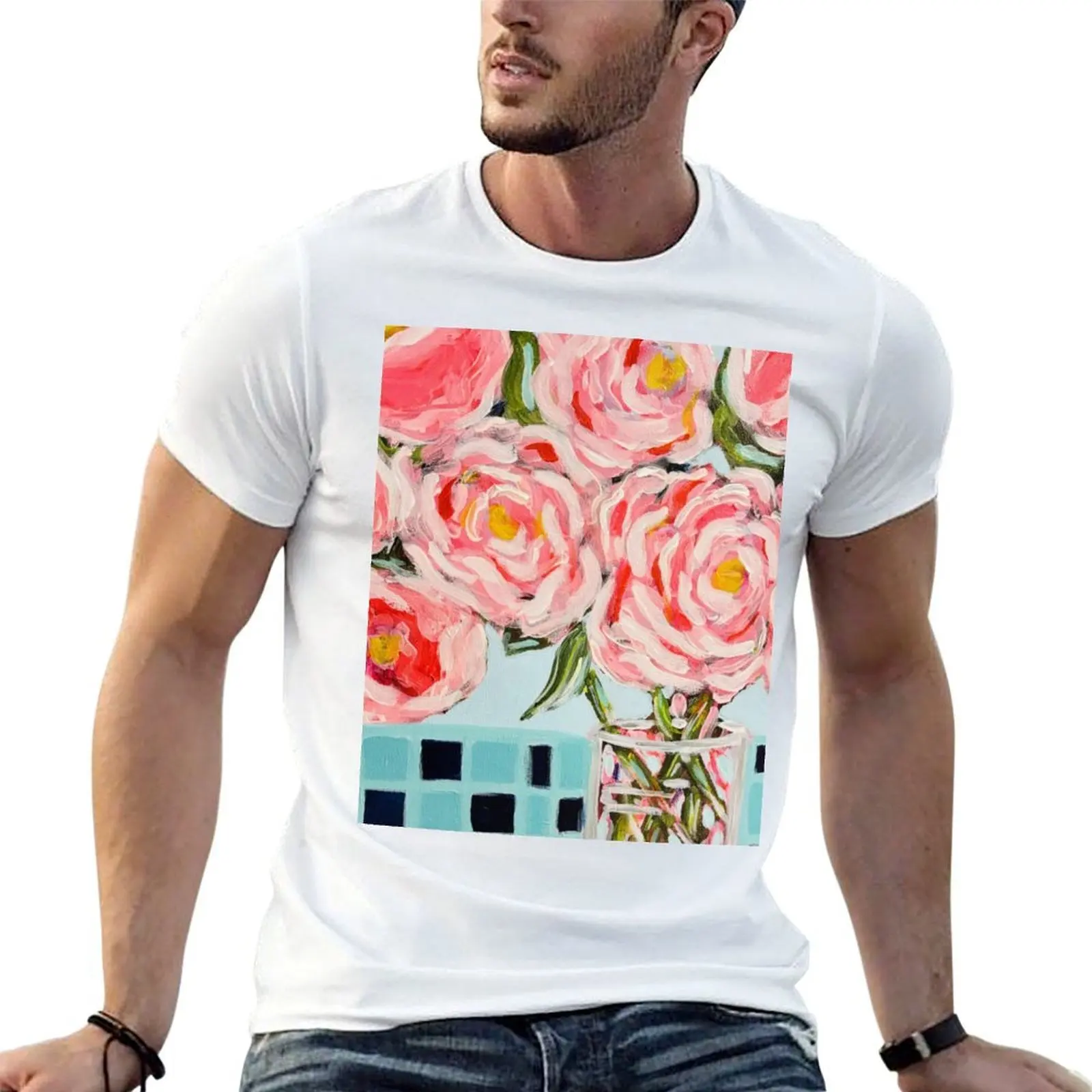 Rose rosa su Blue Check Table T-shirt da uomo t-shirt in cotone 100% t-shirt da uomo grafica t-shirt da uomo di lusso