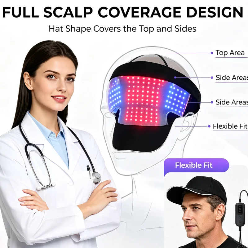 100 LED Red Blue Light Hair Regrowth Cap 630nm 650nm 470nm Scalp Therapy 4 Modes Timer USB Rechargeable Men Women