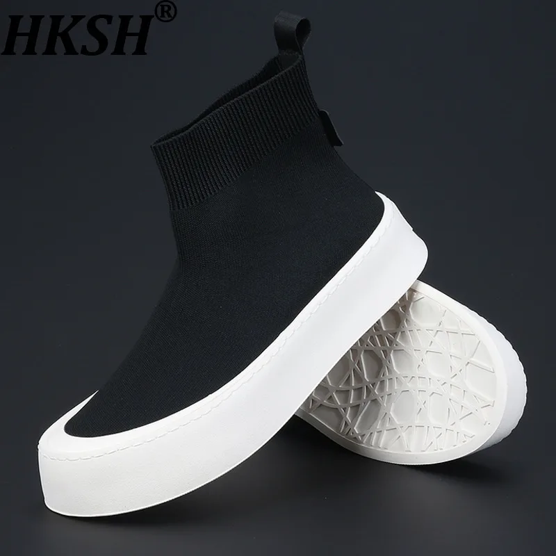 HKSH Men Trendy Dark Casual Breathable Mesh Shoes Non-Slip Simple Thick Round Toe High Top Sneakers Fashion Comfortable HK16130