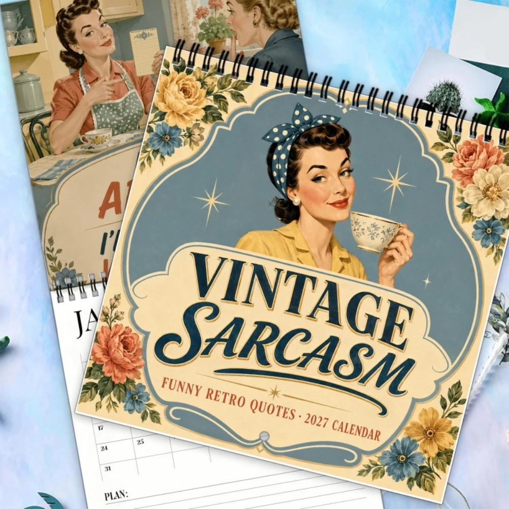 Spiral-Bound Retro Humor Monthly Planner with Women Coffee Jokes Thick for Retro Style Fans Christmas Present 2027 Desk Calendar