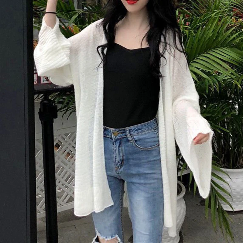 Women Summer Simple Oversized Thin Sun Protection Knitted Cardigan Female Casual Solid V Neck Long Sleeve Tunic Sunscreen Jacket