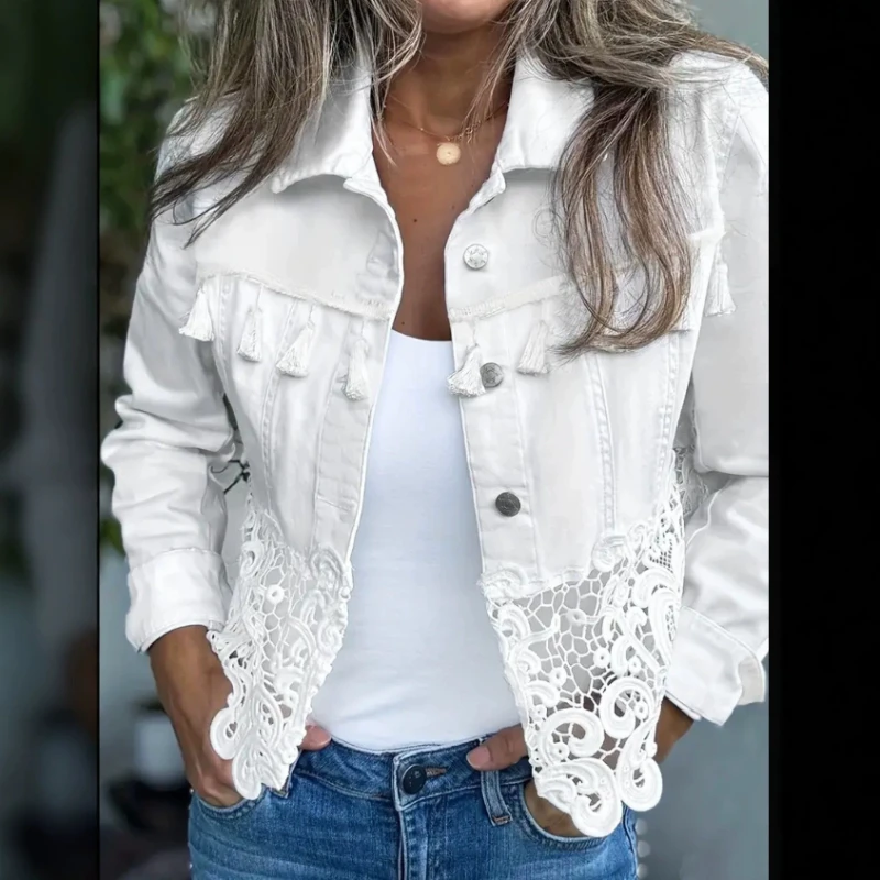 2026 Autumn New Hot Selling Design Canvas Patchwork Lace Lapel Jacket for Women