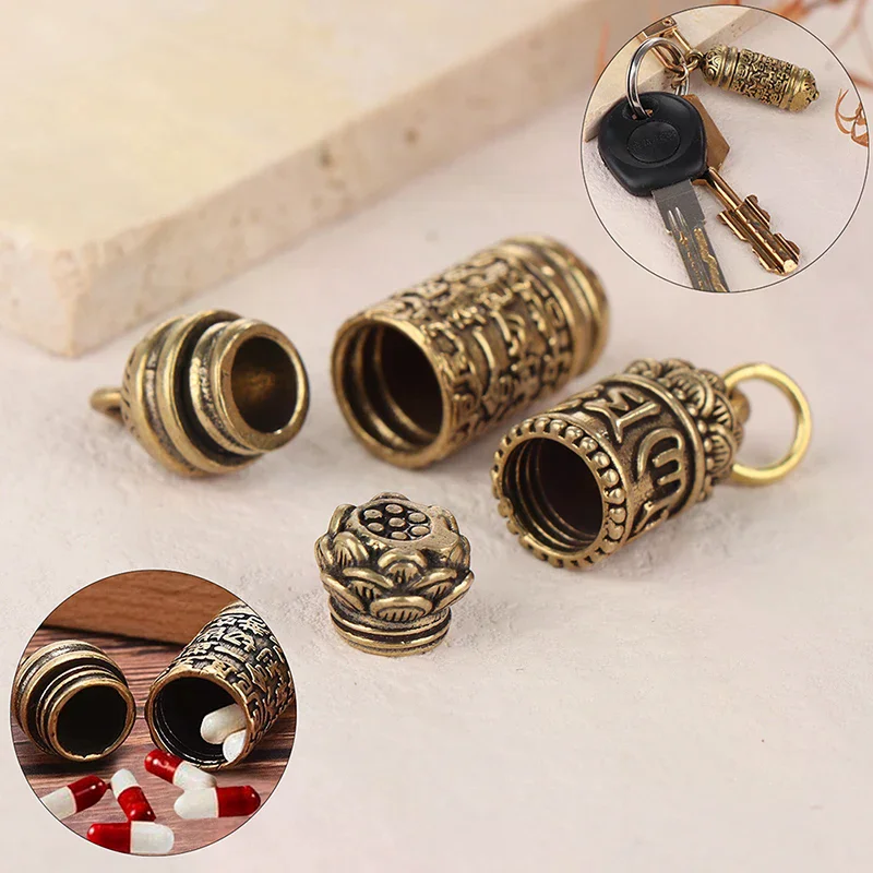 /YOV/Hollow Brass  Bottle Sutra Cylinder Pendant Keychain Handmade Vintage Pill Box Container Bottle 1Pc