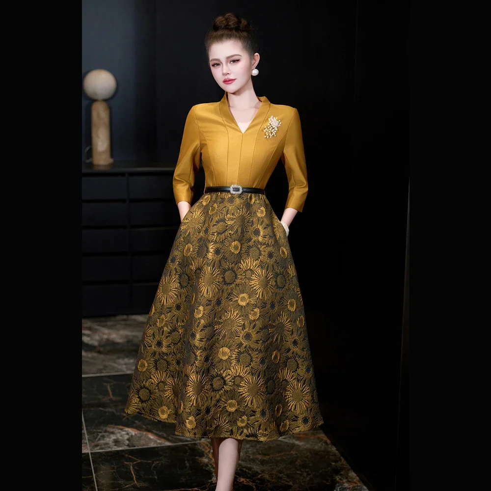 

Meyyithun Women's Dress Spring 3/4 Sleeve Silk-Mohair Splicing V-Neck Midi Dress A- Line Silhouette Retro Court Style