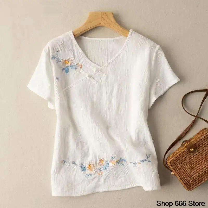 China Style Spring Summer Printing T-shirt Loose Top Oriental Female Clothes Chinese Blouses for Women Retro Cotton Linen Shirt