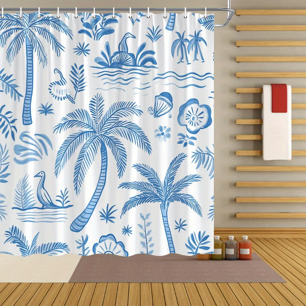 Blue  White Tropical Shower Curtain – Palm Trees, Birds, Shells  Flowers in Porcelain-Style  12 Hooks, Harmonious Bathroom Decor