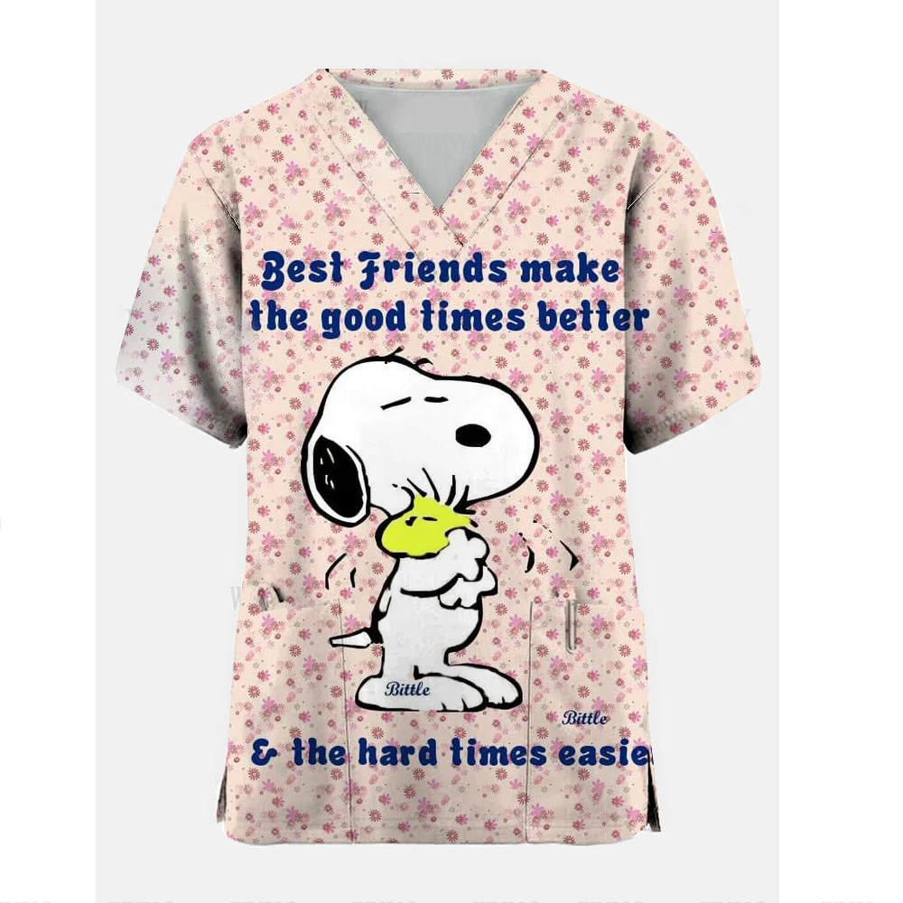 Medical Blouse Clinic Hospital Workwear Healthcare Nurse Snoopy print Uniform Carer Working Short Sleeve Tops Women T-shirt Nurs