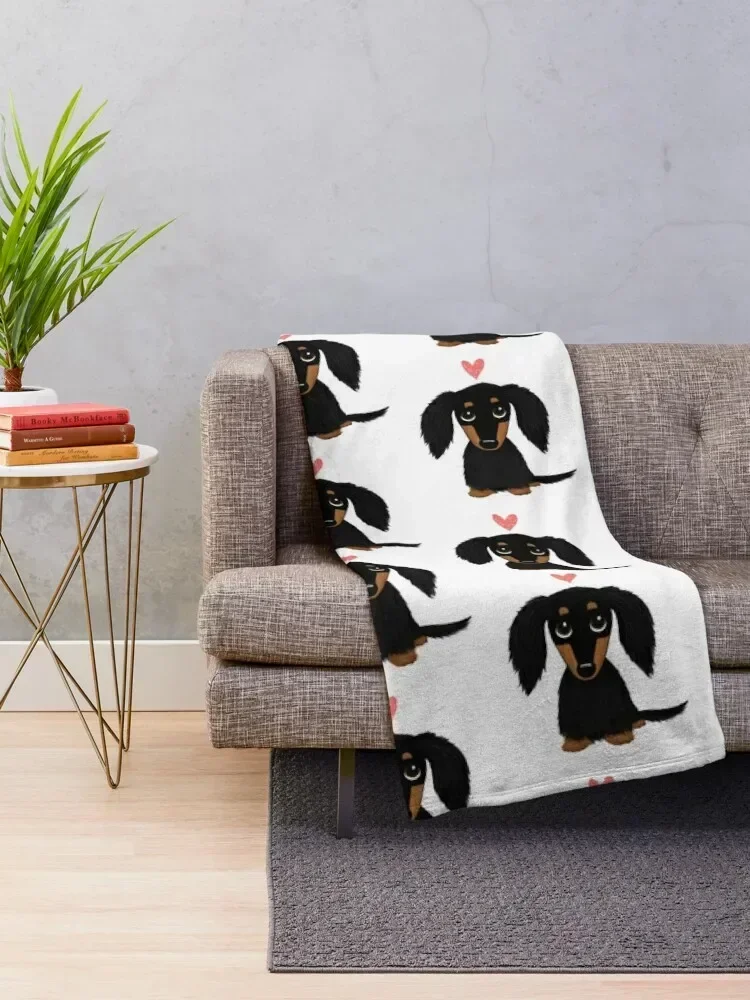 Black and Tan Longhaired Dachshund Cartoon Dog with Heart Throw Blanket Thermal valentine gift ideas Blankets