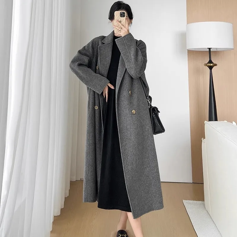 Dark gray Double-sided Cashmere Coat For women 2024 New Autumn Winter Camel Fur Long Wool Coats Female Double breasted Overcoat