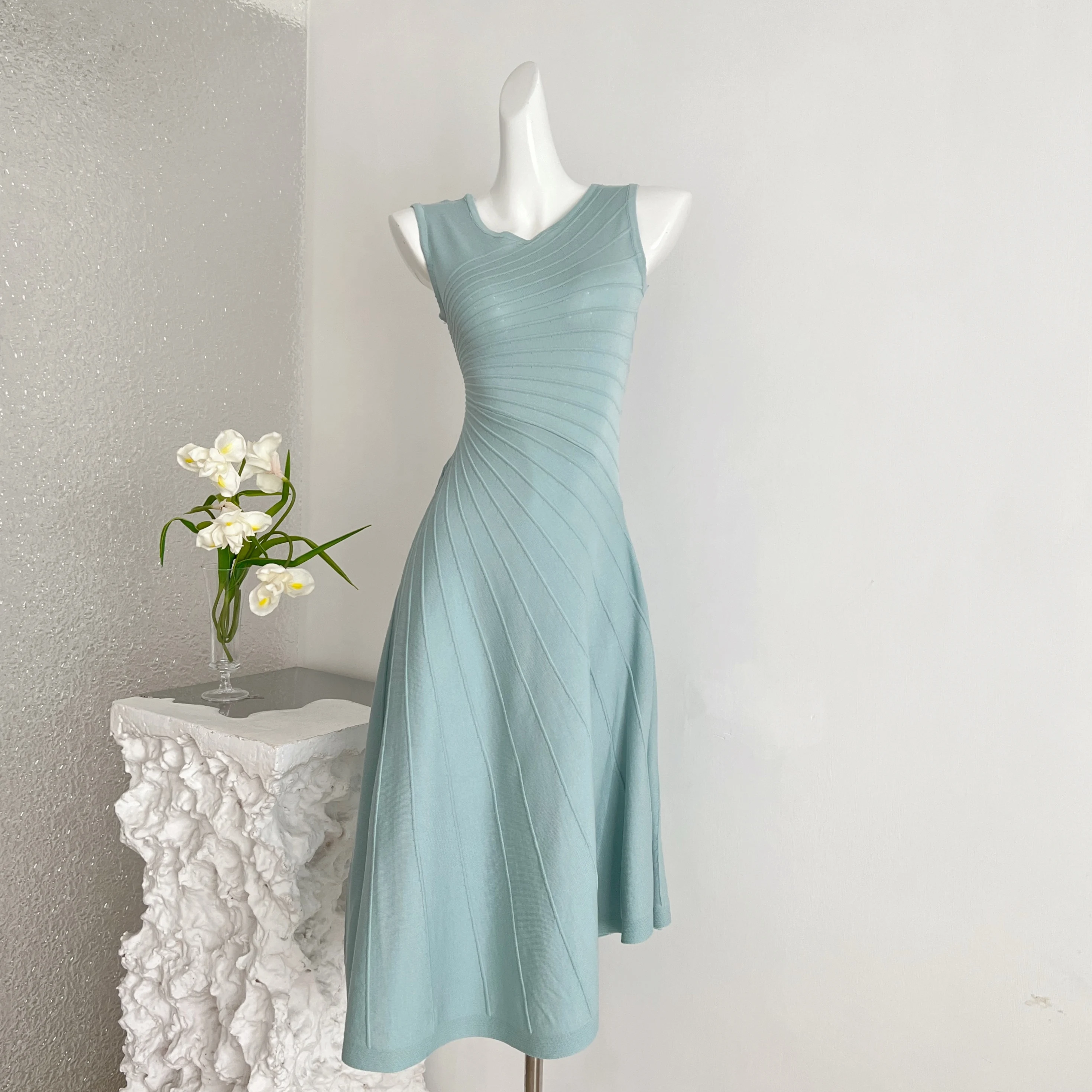 Irregular Knit Long Skirt French Versatile Sleeveless Dress Summer Ladies Gentle Slim Fit Vacation Party Wear