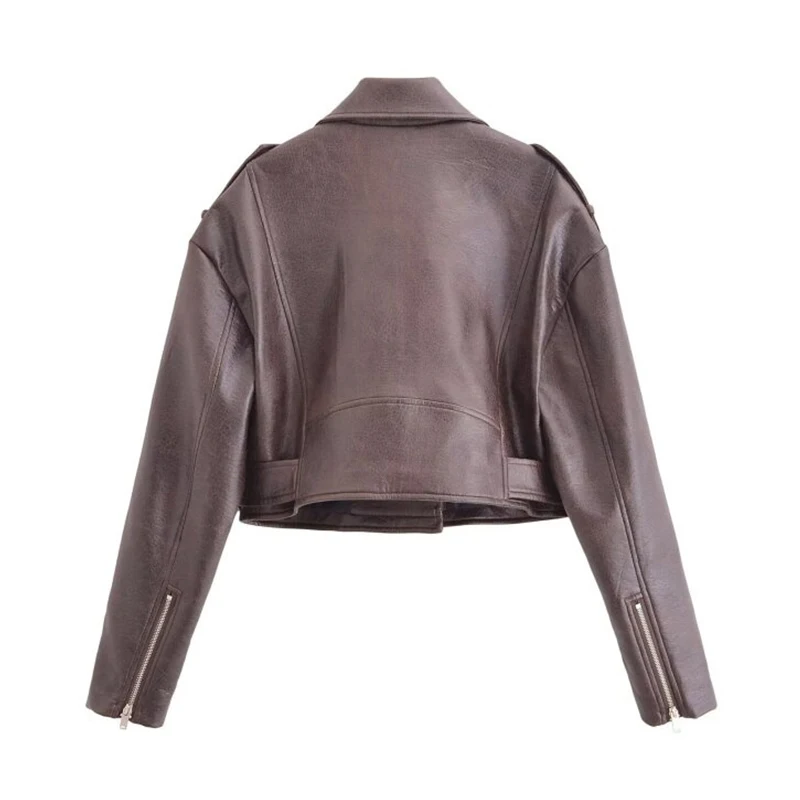 Street Style Motorcycle Faux Leather Jacket Coat Winter Retro Long Sleeves PU Outerwear Zipper Pocket Streetwear Tops Jacket