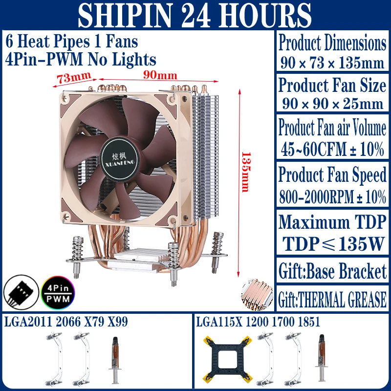 Stille CPU-ventilator 90mm PC-processor koeler 2/4/6 heatpipe 3-pins/4-pins universele installatie LGA2011-3 2066 X79 X99 115x 1200 1700 I5 I7