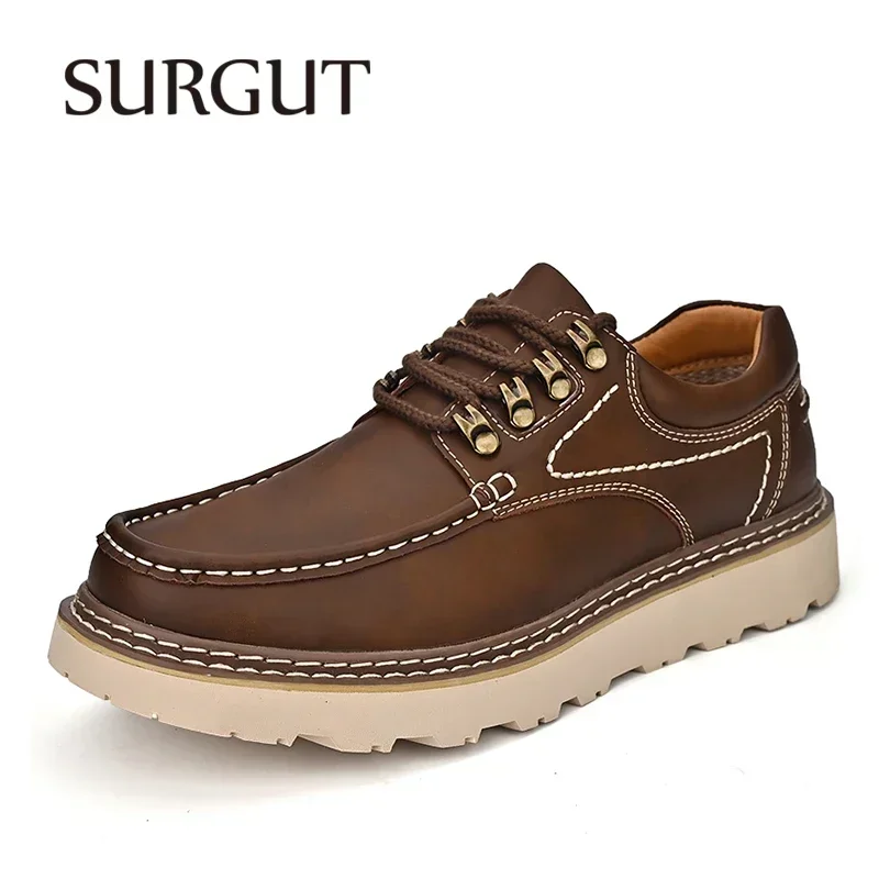 SURGUT New Men Oxfords Shoes Leather Casual High Quality Wear-Resistant Lace-up Classics Outdoor Working Shoes Men Size 38-46