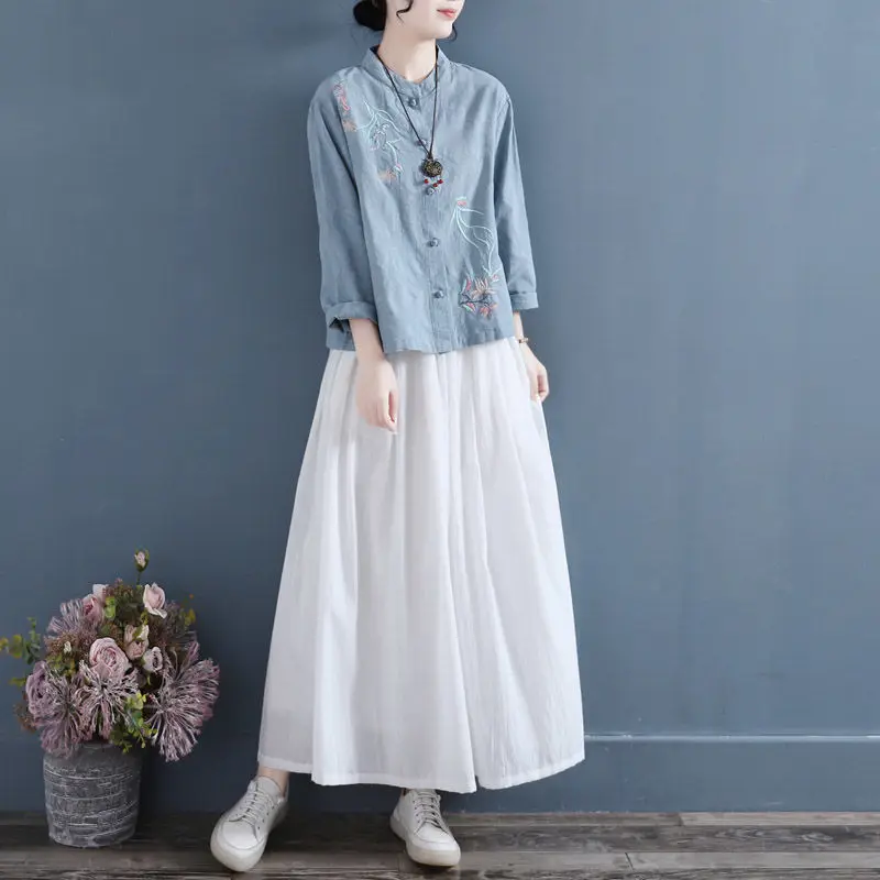 Spring Summer Embroidered O Neck Cotton Long Sleeve Blouses New Vintage Solid Color Loose Shirt Women Button All-match Cardigan