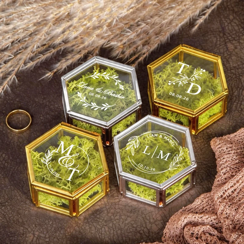 

Gold and Silver Hexagon Glass Ring Box with Moss - Personalized Wedding Ring Box, Custom Ring Box for Engagement Gift for Her