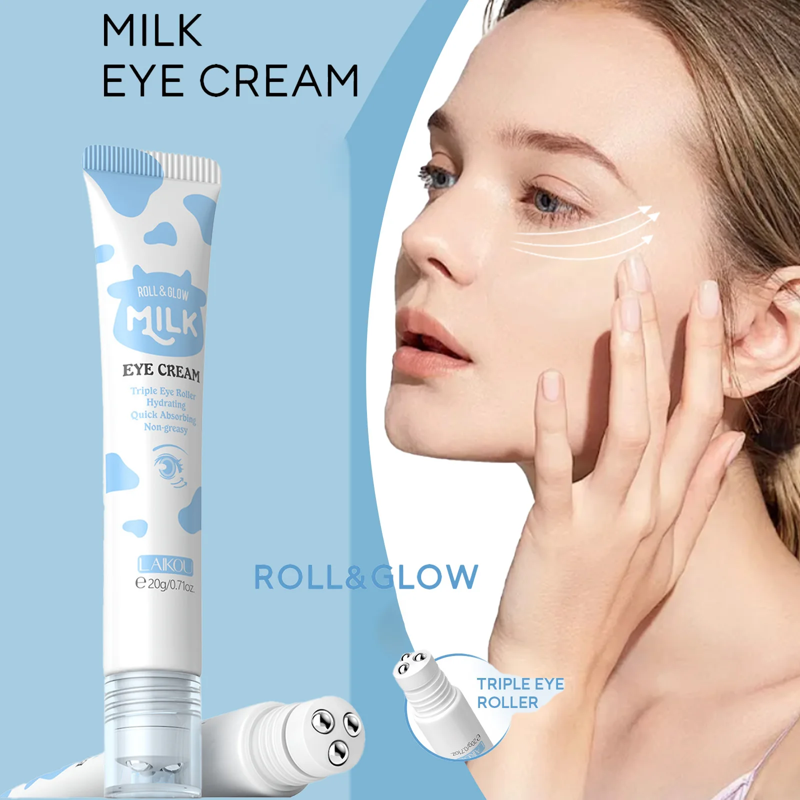 LAIKOU Milk Roller Eye Cream Moisturizing Brightening Anti Dark Circles Anti Puffiness Fade Fine Lines Cooling Massage Eye Care