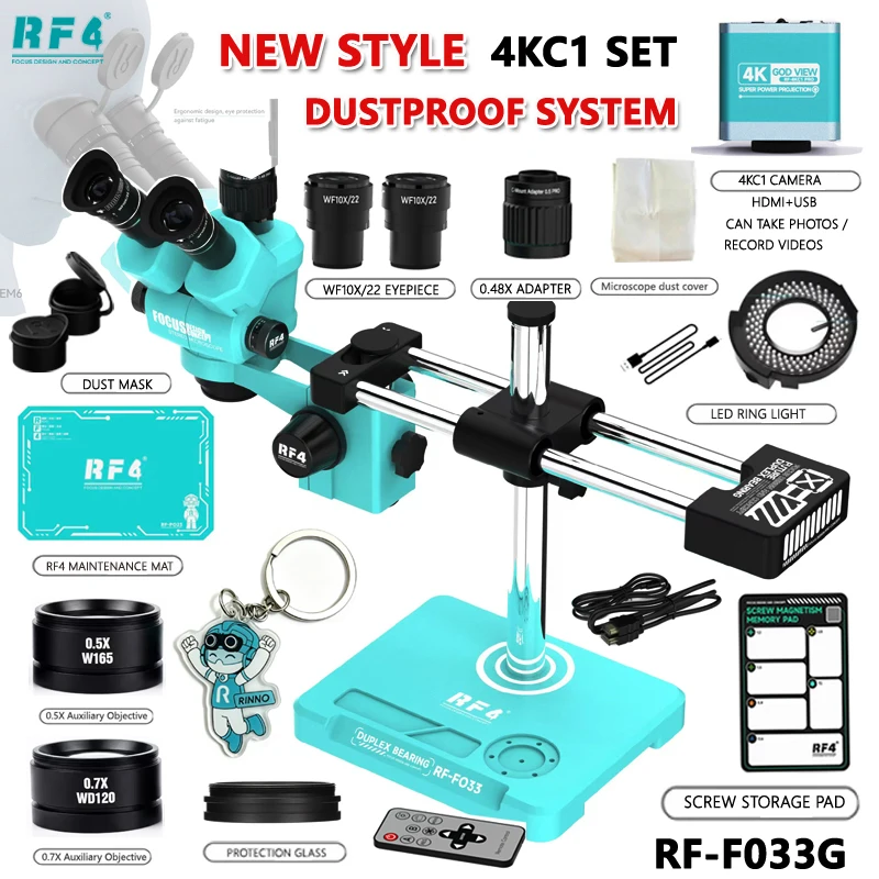RF4 Stofdicht Systeem Simul-Focal Dubbele Boomstatief Trinoculaire Microscoop 6.5-55X 4K HDMI USB Camera Telefoon Soldeerwerk PCB Reparatie