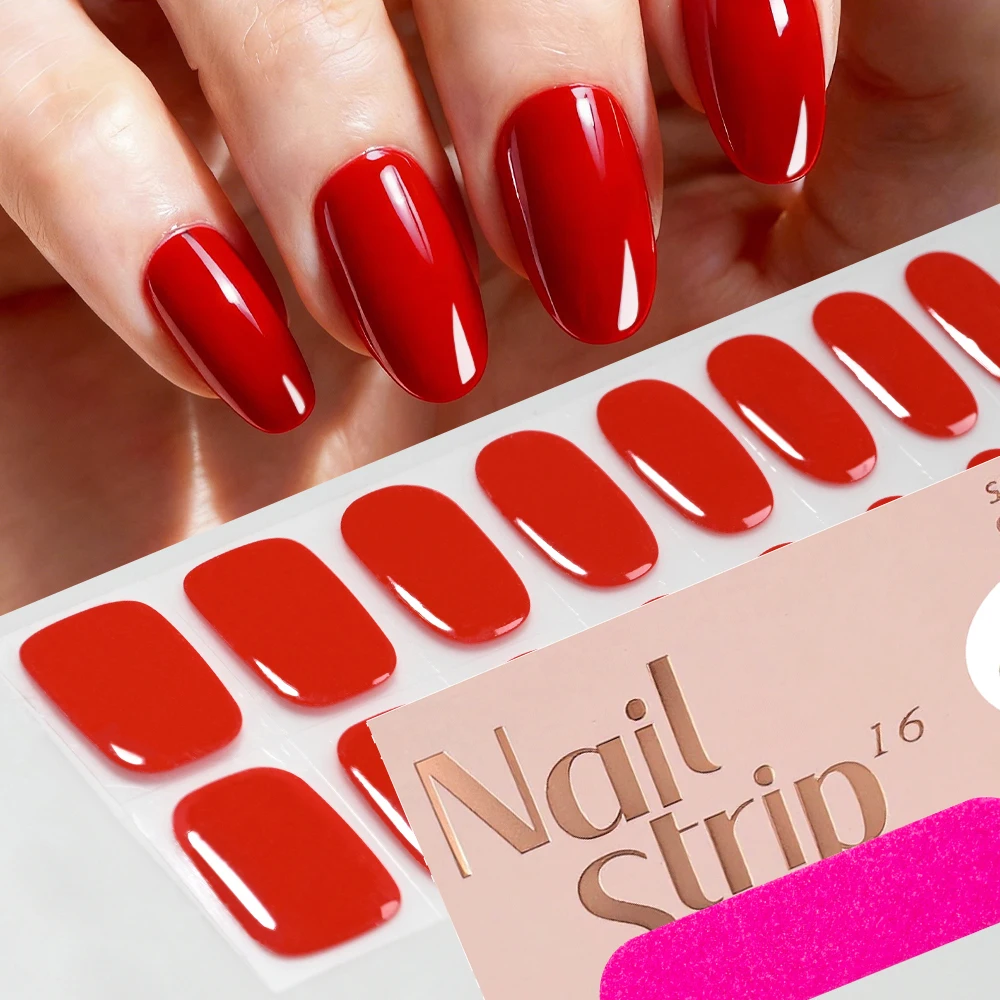 16Tips Valentine's Day Red Glossy Semi-Cured Nail Gel Wraps Long-Lasting Red UV Nail Sticker UV Lamp Need Red Manicure Gel Decal