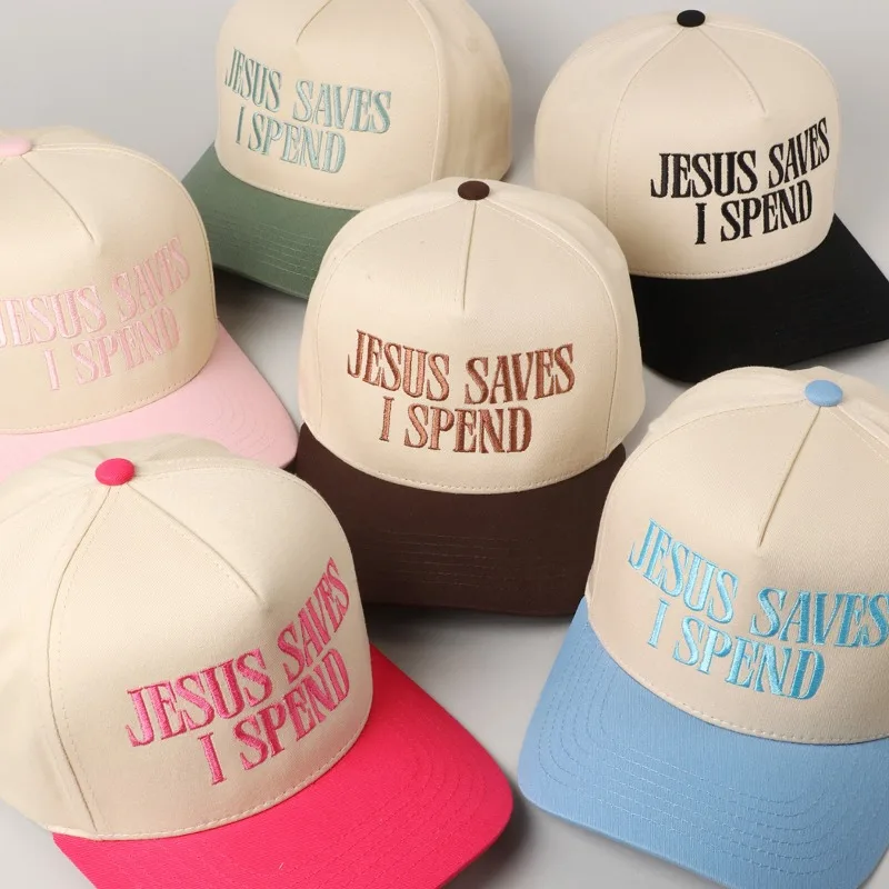 JESUS SAVES I SPEND Letter Embroidery Flat Brim Trucker Cap Unisex Adjustable Snapback Hat Funny Slogan Casual Streetwear Hat