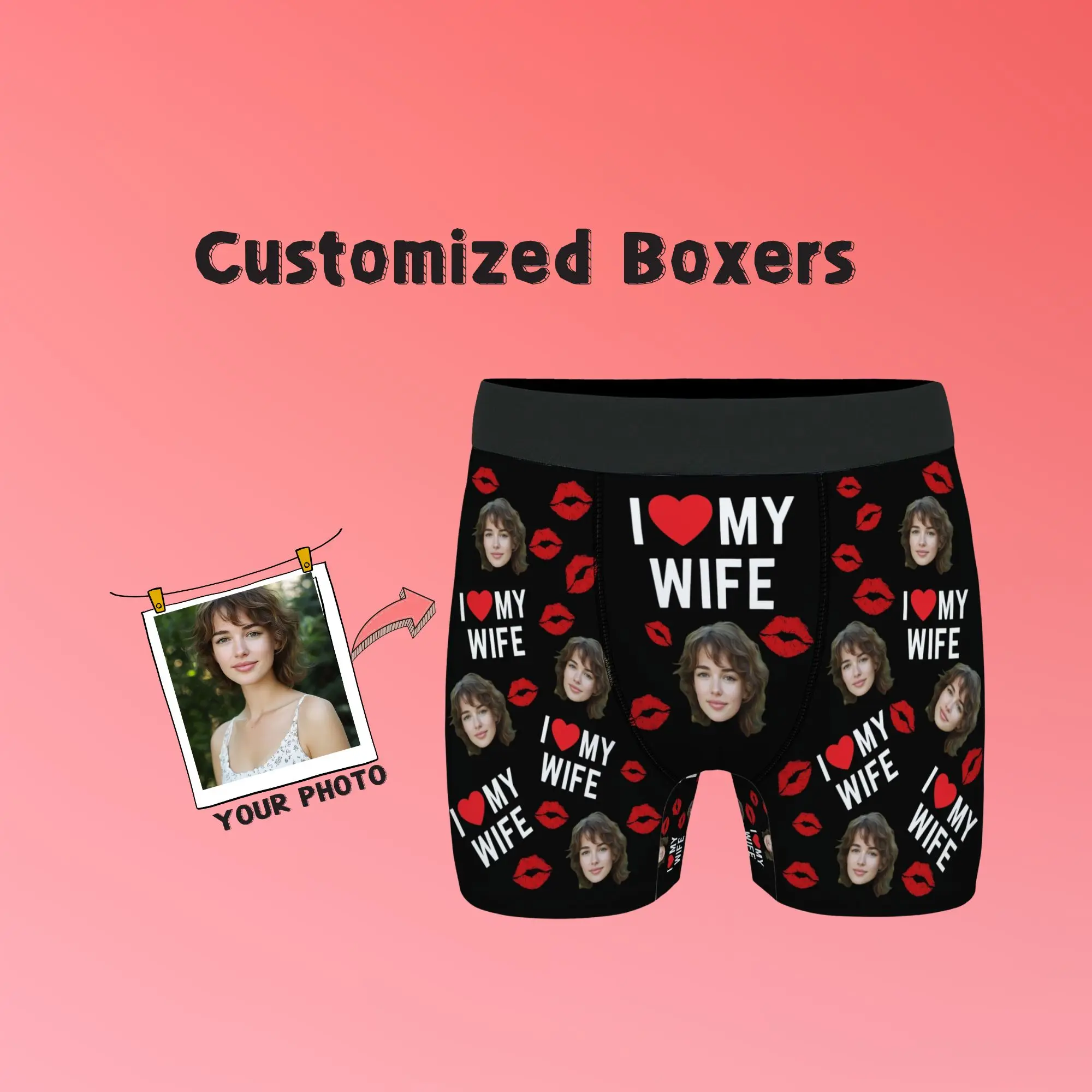 Romantyczny, słodki prezent na Walentynki dla męża - personalizowane bokserki z nadrukiem twarzy, czarne, z napisem \\\\\\\"Kocham MOJĄ ŻÓŁWĘ\\\\\\\" i czerwonym nadrukiem ust - wyjątkowy prezent.