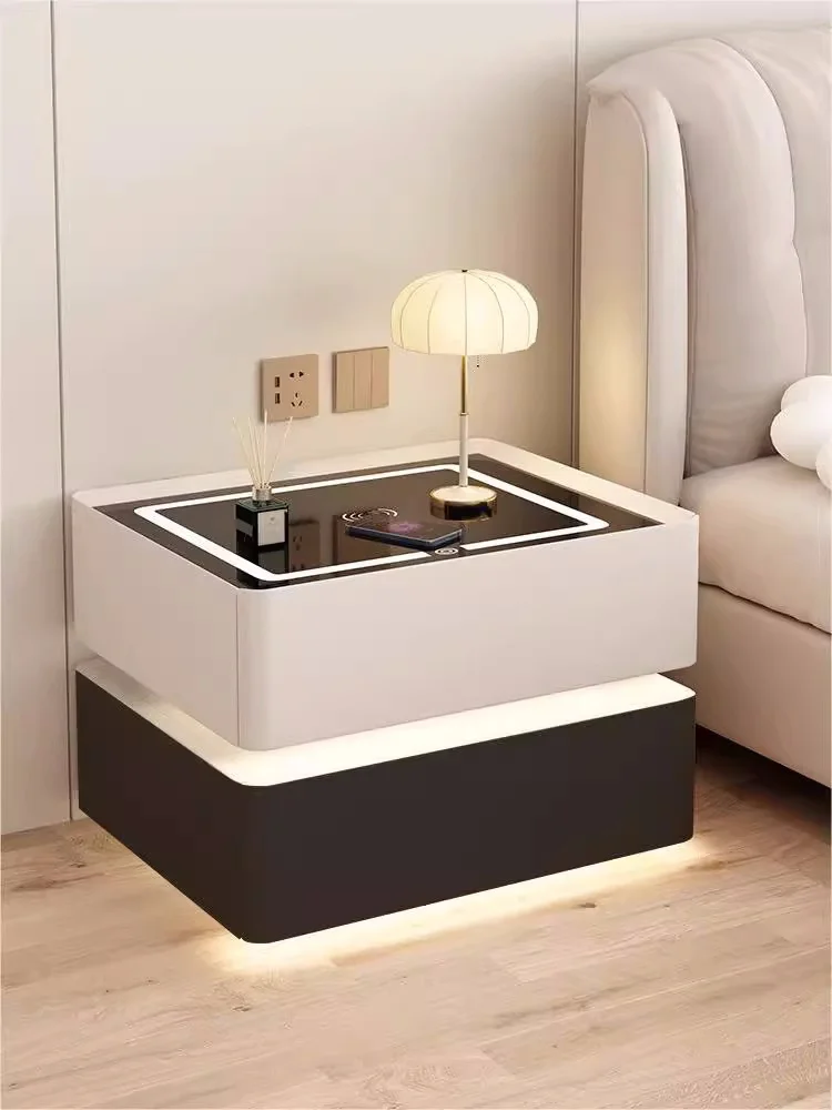 

Solid Wood Smart Bedside Table Modern Style 2 Drawers Bedroom Nightstand with Lock Patch-Color Side Storage Cabinet