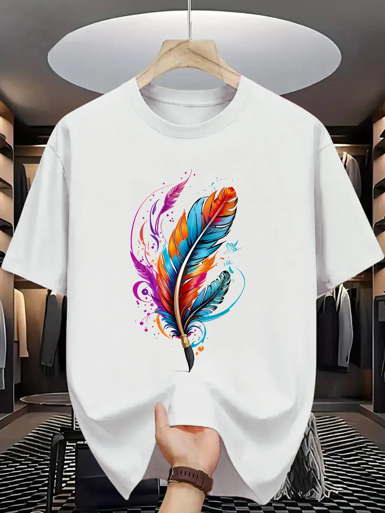 Vibrant Rainbow Feather Print Men Short Sleeve Tshirt Art Quill Pattern O Neck Tee Creative Art Style Male Street Fashion Tops