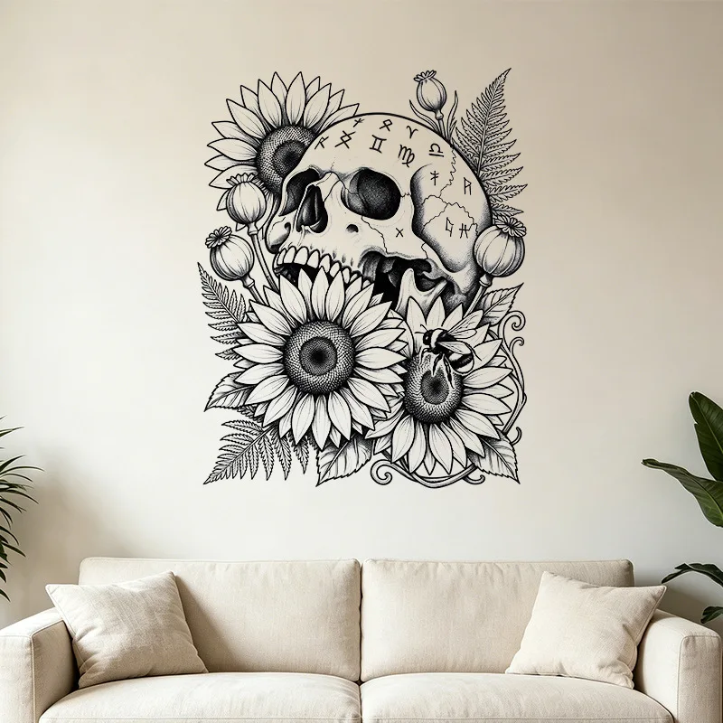 Halloween Self-Adhesive Wall Stickers, Printed Skull Symbiotic Sunflower Wall Decals for Horror Scene Atmosphere Layout