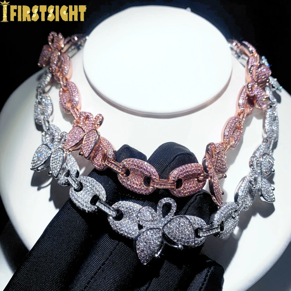 

Iced Out Bling Cuban Chain Butterfly Necklace Hip Hop Fashion CZ Coffee Bean Link Charm Punk Choker Pink Bubble Women Jewelry