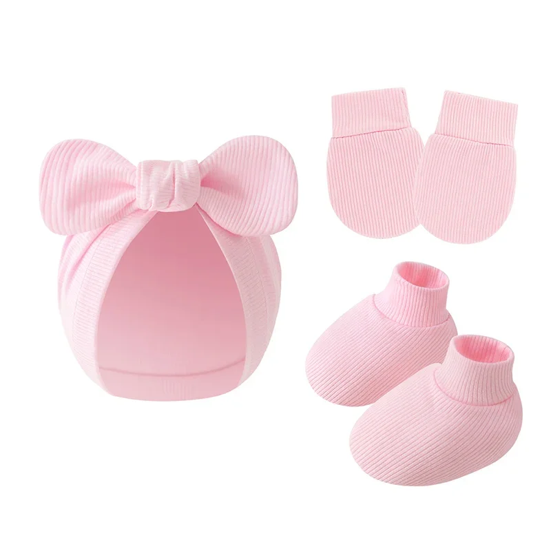 

3Pcs Baby Hat Gloves Socks Set Solid Color Cute Bowknot Newborn Infant Toddler Hat Soft Baby Boys Girls Cap Beanies Gift