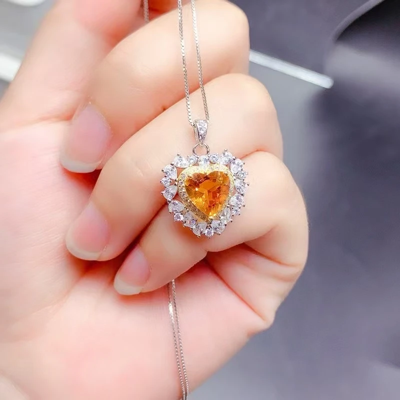 

Romantic 925 Silver Heart Pendant for Wedding 8mm Natural Citrine Pendant 18K Gold Plated Citrine Sterling Silver Necklace