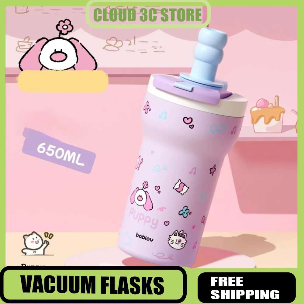 

Bablov Ceramic Liner Thermos Cup Cartoon Water Bottle with Straw Insulated Milk Tea Coffee Mug Vacuum Cup Keep Hot and Cold