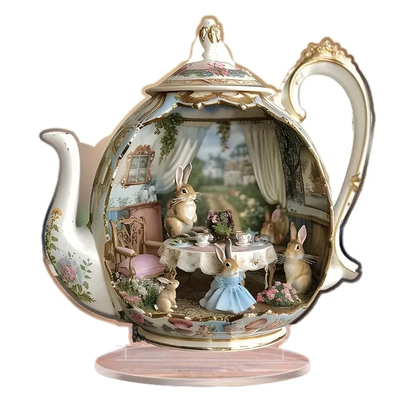 2D Easter Bunny Teapot Acrylic Ornament Festival Desktop Decoration Family Party Scene Decor