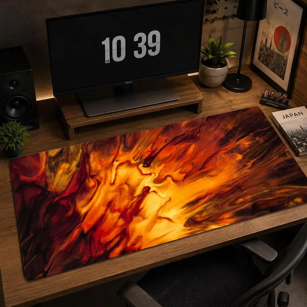 Orange Red Large Gaming Mouse Pad XXL Flame Fluid Deskmat Non-Slip Rubber Mouse Mat Computer Keyboard Mats Big Mausepad Gamer
