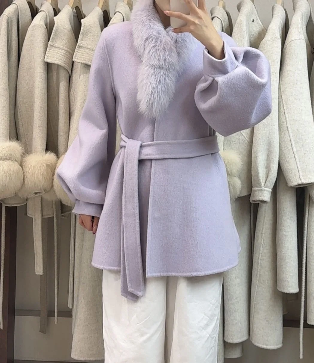 OFTBUY Women's Short Wool Coat Real Fox Fur Collar Belted Waist Woolen Clothing Winter Warm Luxury Slim Solid Color Outerwear