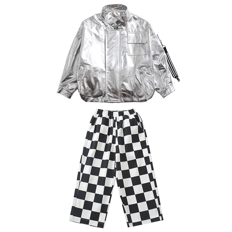 طفل الهيب هوب الملابس الفضة بو دراجة نارية سترة معطف أعلى متقلب عارضة السراويل واسعة للفتيات الفتيان الجاز ملابس رقص الملابس