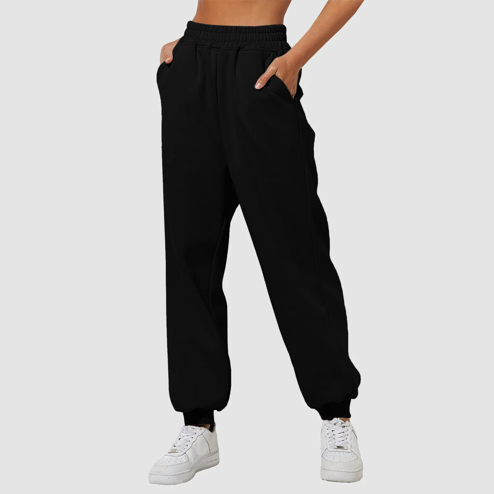 Schwarze Hose Damen Jogging hose einfarbig locker lässig Sport Knöchel band Hose mit Taschen Jogger Fitness Baggy Harems hose