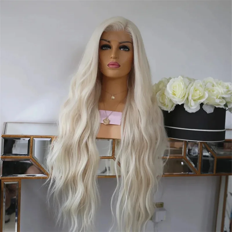 Platinum Blonde Natural Loose Wave Long Synthetic HD Lace Front Wig Glueless White Blonde Hair Frontal Wigs for Women Cosolay