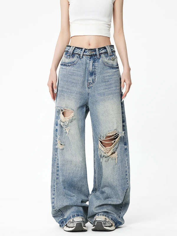 Retro American Hole Denim Jeans Women Summer New High Waist Straight Leg Loose Wide Leg Pants Waed Floor-Length Trousers