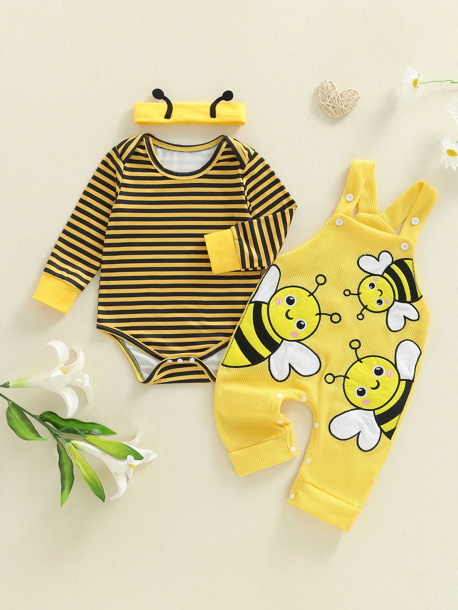 

Toddler Girl 3-Piece Set Long Sleeve Striped Romper with Bee Embroidery Overall Pants and Matching Headband for Fall